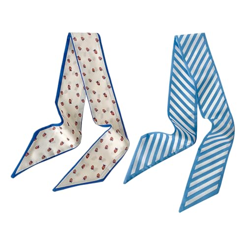 2 Pcs Strawberry Striped Satin Scarves Long Skinny Neck Scarves Fashion Hair Scarves Headbands Handbag Handle Scarves