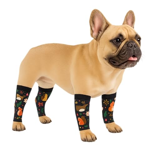 Image of Petwarm Dog Recovery Leg Sleeves 4pcs Set Fox Forest Print - Cone-Free Joint Support Sleeves for Dogs, Anti-Lick Recovery Wraps for Small Dogs, Black Brown, S