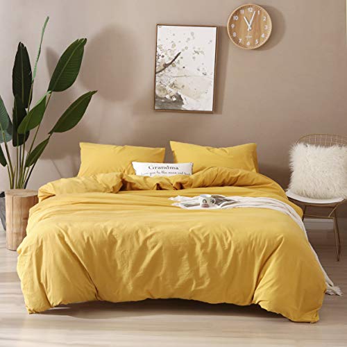 Image of F.Y.Dreams 100% Washed Cotton Duvet Cover for Weighted Blanket 80x87 inches with 16 Ties, Zipper on Long Side /Yellow /Just Duvet Cover