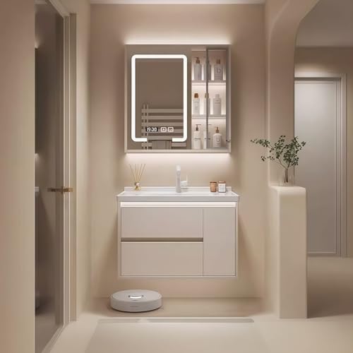 Modern Wall Mounted Floating Bathroom Vanity with Integrated Ceramic Sink, No Assembly Required, Hanging LED Intelligent Lighted Sensor and Demisting Mirror, Cabinet Spaces
