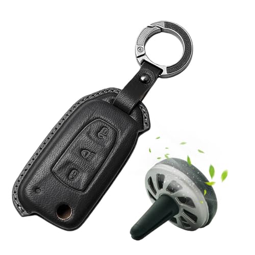 Image of Keyzone Premium Leather Key Cover & AC Vent Car Perfume Combo (4 Fragrances) | Compatible for Tata Curvv, Nexon, Harrier, Altroz, Punch, Safari, Tigor, Tiago, Zest, Bolt 3 Button flip Key. (Black)