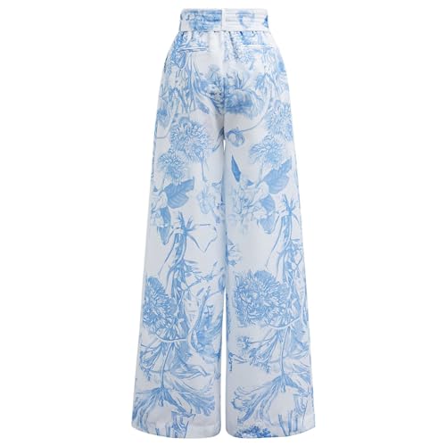 CHICWISH Women Wide Leg Pants Floral Printed High Elastic Waist Belted Summer Casual Long Trousers with Pockets3