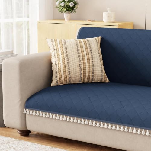 Image of Lukzer Quilted Sofa Cover Mat with Tassels for 5 Seater Sofa - Midnight Blue | Soft Washable Anti-Slip Protector for Living Room | Furniture Cover for Back-Seat Slipcover 3+1+1 Seat Cover /SC-191-5T