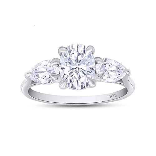 SAVEARTH DIAMONDS 2 Carat 8X6MM Oval & 6X4MM Pear Cut Lab Created Moissanite 3-Stone Engagement Ring In 14K Gold Over Sterling Silver (VVS1 Clarity, 2 Cttw)