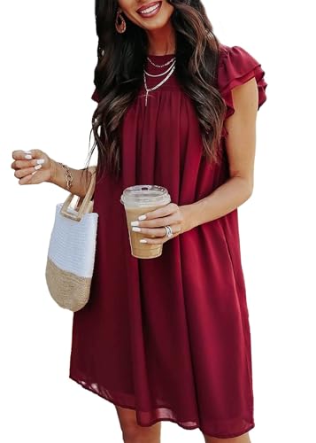 Image of KIRUNDO Wedding Guest Shift Dresses for Women Short Spring Summer Ruffle Cap Sleeve Chiffon Babydoll Flowy Mini Sundress