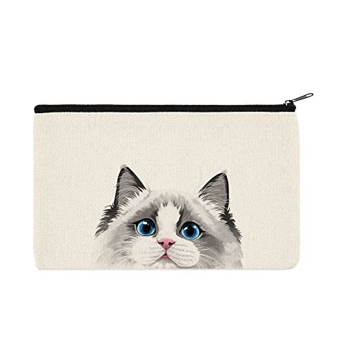 WIRESTER Canvas Zipper Makeup Bag, Cosmetic Pouch, Organizer Case for Women Girl, Multi-Purpose Travel Cosmetic Bag - White Silver Point Ragdoll Cat