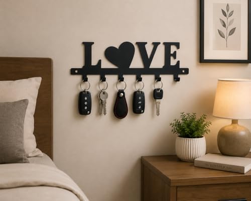 Image of Ventuos Metal Wall Mounted Key Holder with 6 Hooks, Love Design, Key Organizer for Home Office Bedroom Entryway