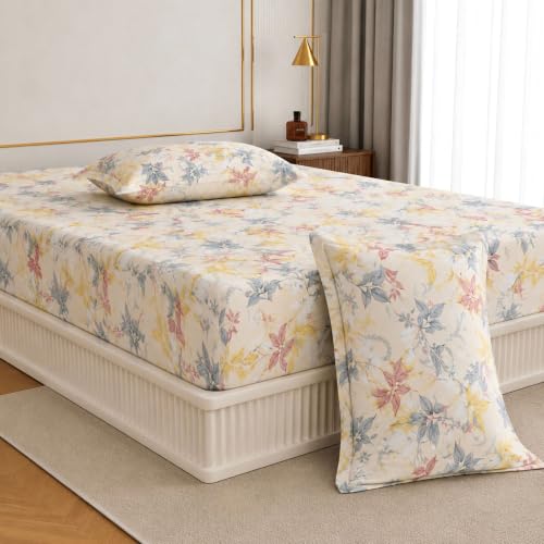Image of Jaipur Weaves Queen Size Fitted Bedsheet Cotton with Elastic, 100% Pure Cotton Double Bed Fitted Sheet with 2 Pillow Covers, 240 TC, 60x78 Inches up to 8-inch Mattress, Floral Design - (Orange Floral)