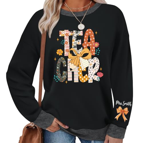 IZI POD Personalized Teacher Pumpkin Shirt, Custom Fall Sweatshirt, Fall Coquette Bow, Autumn Teacher Tee, Gift for Women2