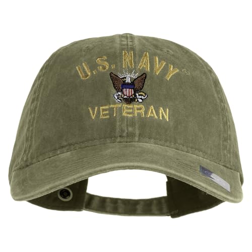 e4Hats.com US Navy Veteran Military Embroidered Washed Solid Pigment Dyed Cotton Twill Brass Buckle Cap - Khaki OSFM