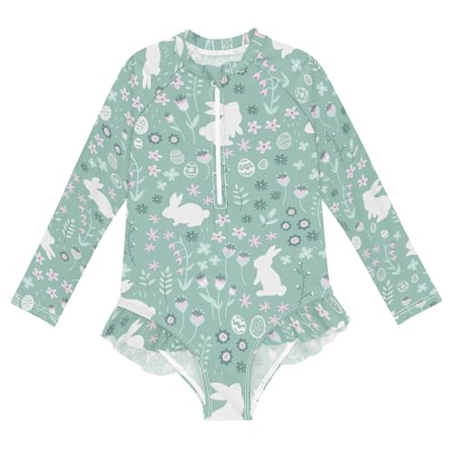 CaTaKu Girls Swimsuit One Piece Rash Guard Easter Bunnies Rabbits Kids Bathing Suit Long Sleeve UPF 50+ Swimwear 3-12T