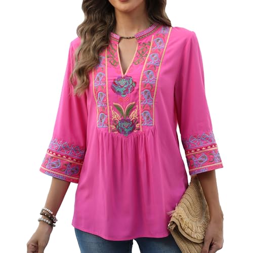 Grosy Traditional Floral Embroidered Tops for Women Mexican Peasant Blouses