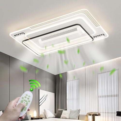 Ventilador de techo de perfil bajo con luz, 110 cm, moderno ventilador de techo empotrado con control remoto, diseño geométrico grande, reversible, temporizador, regulable, sin aspas, para dormitorio
