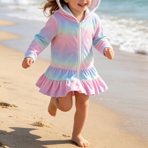 Image of Toddler Girl Swim Cover Up Long Sleeve Floral Zipper Hooded Swimsuit Little Kids Towel Beach Dress Bathing Suit