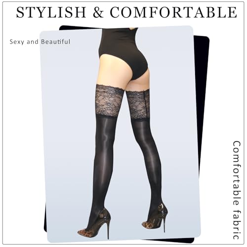 HTRUIYA Shiny Thigh High Stockings Silicone Lace Top Silky Sheer Pantyhose for Women Shimmery Tights4