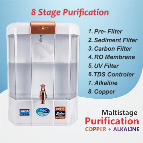 Image of Aqua Pearl RO Water Purifier with RO+UV+Copper+Zinc+Alkaline pH B12,12 Litre Storage, 20 LPH, Wall Mounted, Electric, Advance HTDS Membrane | Suitable for all type water with 1-Year Warranty