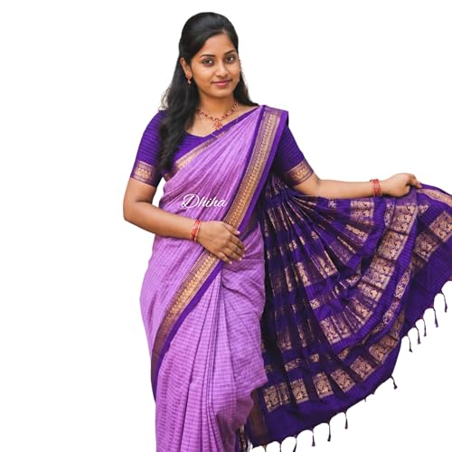 Image of Gadwal Cotton Silk Checked Saree for Women | Pure Kalyani Cotton Checked Saree with Zari Border Tassels & Blouse | Kanjivaram Linen Silk | Handloom Weave