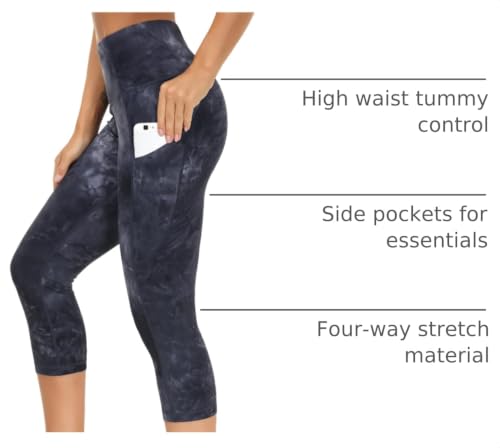 Image of THE GYM PEOPLE Thick High Waist Capris Yoga Pants with Pockets, Tummy Control Workout Running Yoga Leggings for Women
