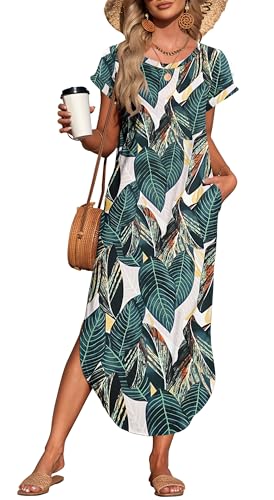 PLOKNRD Summer Maxi Dresses for Women UK with Pockets Round Neck Casual Short Sleeve Beach Split Coverup Long Dress Loose Green Leaf Print XXL
