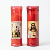 (2 Velas) Religiosas Roja del Sagrado Corazón de Jesús y Virgen del carmen | Velón en Vaso de Plástico Resistente al Calor para Altar Doméstico e Iglesia | Sin Fragancia (Mixta)