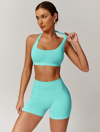 Image of ABOCIW Workout Sets for Women 2 Piece seamless Halter Sports Bra Scrunch Butt Impact Shorts Gym Yoga Outfits