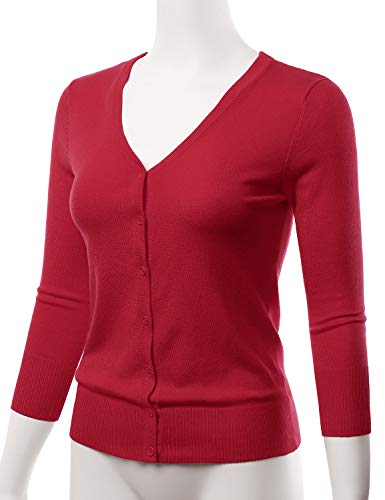 Eimin Women's 3/4 Sleeve V-Neck Button Down Stretch Knit Cardigan Sweater Red S #TOP1