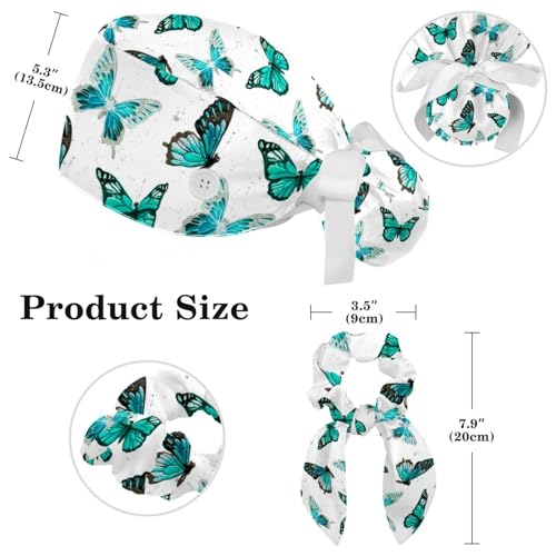 Image of Butterfly Scrub Cap Women with Ponytail & Buttons Adjustable Surgical Nurse Hat with Cotton Sweatband for Long Hair