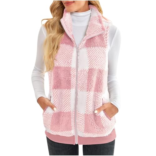 Long Vest for Women Sleeveless Plaid Fleece Vest Zip Up Jacket Flannel Sherpa Jacket Winter Plaid Coats with Pockets