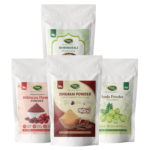 Image of Thanjai Natural Amla, Reetha, Shikakai, Bhringraj, & Hibiscus Powder Combo (100g Each) | Herbal Hair Care Powder Kit | Natural hair Cleanser Conditioner | No Chemicals, No Preservatives