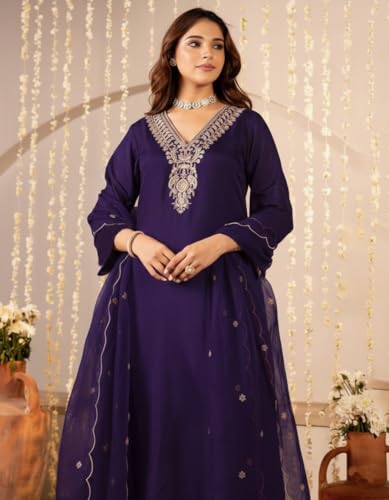 Image of Nermosa Women Embroidery Solid Anarkali Kurta and Pant Set with Dupattas