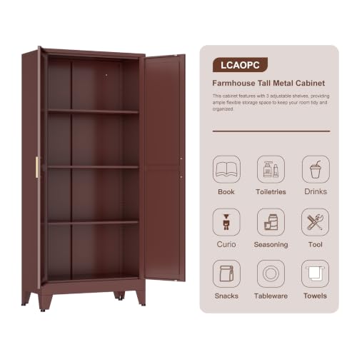 Image of LCAOPC 61 inch Tall Farmhouse Metal Pantry Cabinet, 4-Tier Freestanding Kitchen Storage Cabinet with 3 Adjustable Shelves for Living Room, Dining Room and Office, Maroon Red-Brown