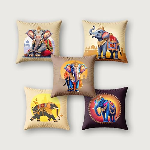 Image of Ultimate Trends Digital Printed Soft Cotton Feel Polyester Decorative Cushion Cover, Modern Eligent Designs, Heavy Long Life Fabric,18 inch X 18 inch Set of 5,Multicolor Elephant