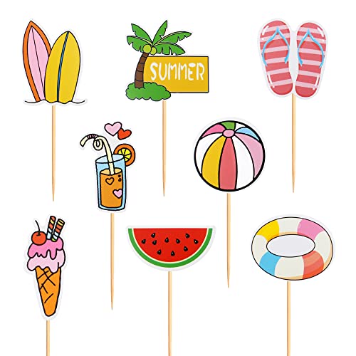 Cyodoos 48Pcs Summer Beach Hawaii Cupcake Toppers Watermelon Ice Scream Palm Tree Surfboard Swimming Pool Ball Slipper Cupcake Picks Baby Shower Summer Theme Birthday Party Cake Decorations #TOP2