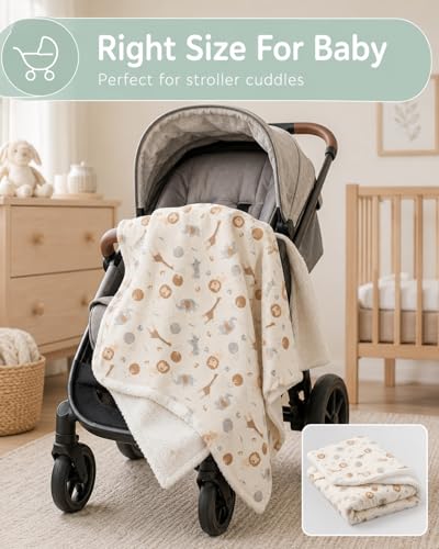 Image of EVERYDAY KIDS Large Ultra Jungle Safari Animals Minky Baby Blanket for Boys Mink and Sherpa Toddler and Baby Boy Blanket Measures 30 x 40 inch; Safari Animal Baby Nursery Decor