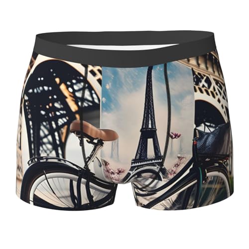 Romantische Herren-Boxershorts mit Fahrrad-Aufdruck und Eiffelturm-Motiv, atmungsaktive Stretch-Unterwäsche für den täglichen Gebrauch