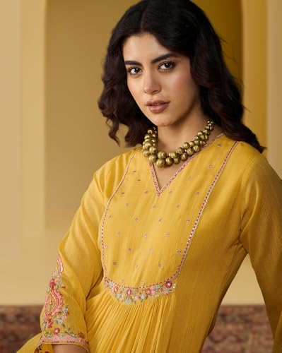 Image of Amazon Brand - Tavasya Women Milky Georgette Zai Sequence Embroide Kurta with Pant Set |Kurta Set|Ethnic Wear|Salwar Suit|3 Piece Set