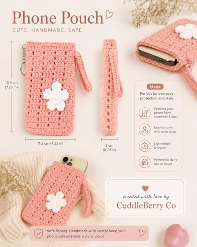 Image of Handmade Crochet Mobile Pouch for Women & Girls | Knitted Phone Holder with Wrist Strap | Cute Floral Aesthetic Mobile Cover Case | Soft Yarn Handmade Gift Pink