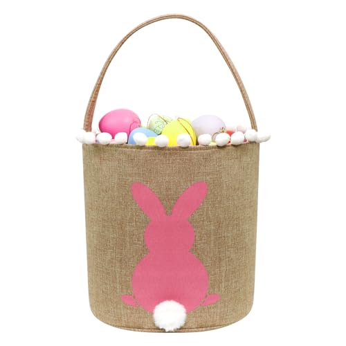 Easter Bunny Baskets, Easter Egg Hunt Bunny Bags Little Baskets with Fluffy Tail Burlap Cotton Rabbit Handbag Bucket Tote Bag for Kids Girls (Hairballl, Pink)