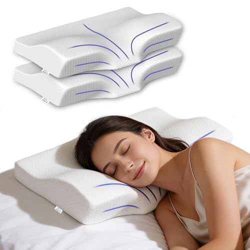 Image of GADDA CO Cervical Pillow for Neck & Shoulder Pain - Orthopedic Memory Foam Neck Support Pillow for Sleeping, Contour & Side Sleeper, Spondylitis Relief, Anti-Snoring - 20x12x2.5 Inch, White, Pack of 2