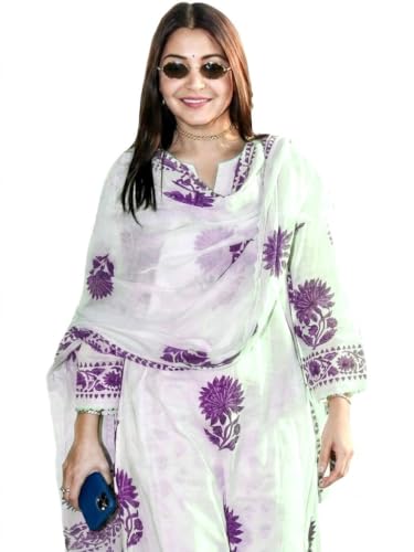 Image of Nermosa Women's Hand Block Floral Printed Straight Kurta Set with Palazzo Pants & Dupatta Ethnic Kurta Set for Casual Outings Day Events Summer Wear Festive