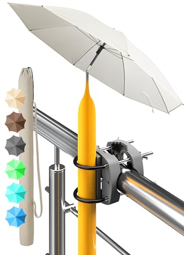 4smile Sonnenschirm Balkon 3-in-1 SET SunnyJoy Beige - UPF 50+ Sonnenschirm Ø 180 cm + Sonnenschirmhalter Balkongeländer + Sonnenschirmhülle - Sonnenschutz Balkon Set