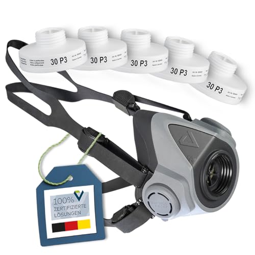 BARTELS RIEGER Atemschutz Starter Pack – Halbmaske BariMask HF + 5x P3 Schraubfilter – Wiederverwendbare Atemschutzmaske gegen Feinstaub, Rauch, Schimmel & Partikel – EN 140 zertifiziert