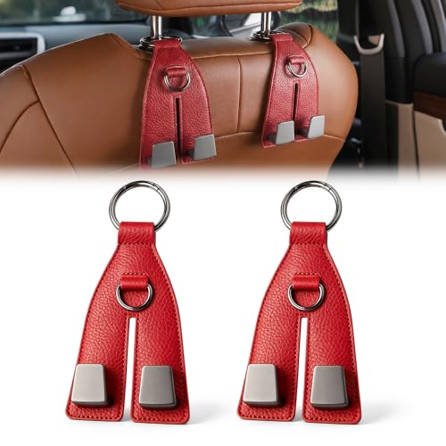 Image of Premium Leather Wrapped Design (Red, 2pcs) | Double Hook Storage | Space Saving Car Organizer | Easy Headrest Installation
