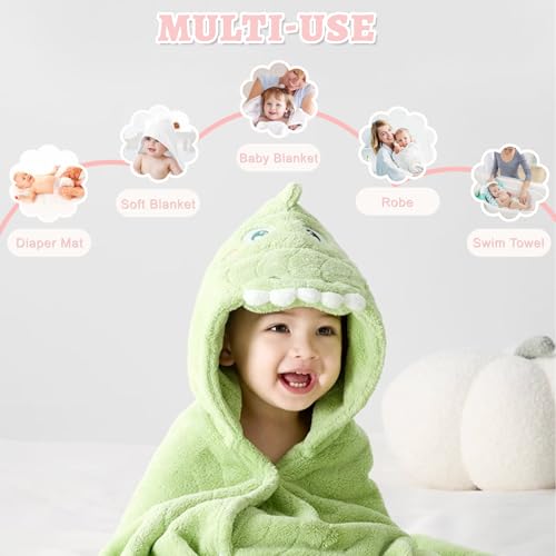 Image of Cute Animal Hooded Baby Towel Soft Coral Fleece Baby Towels with Hood Toddler Bath Towel Large 27 x 55 Inch Ultra Absorbent Hooded Bath Towels for Babies Baby Bath Towel（Green