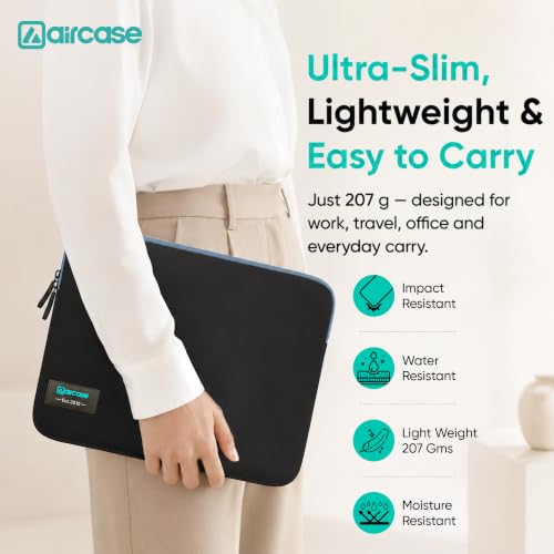 Image of AirCase 4-Layer Neoprene Laptop Sleeve for 13.5-14.1 Inch Laptops | Slim Wrinkle-Free Case | Water-Resistant, Shockproof, Scratch-Proof | TSA Friendly | YKK Zipper | Black-Grey