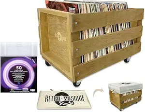 Retro musique Wooden 12 LP Vinyl Record Storage Crate on Wheels Holds up to 100 Albums (in PVC Sleeves) with Hessian Cloth Cover Includes 50 Vinyl Record Outer Sleeves (Teak Finish)