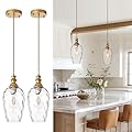 AIBISOD Pendant Lights Kitchen Island, Brushed Gold Modern Pendant Light Fixtures, Adjustable Cable Hanging Lighting with Hand-Blown Glass Shade & E26 Base for Bedroom, Hallway, Dining Room, 2 Pack