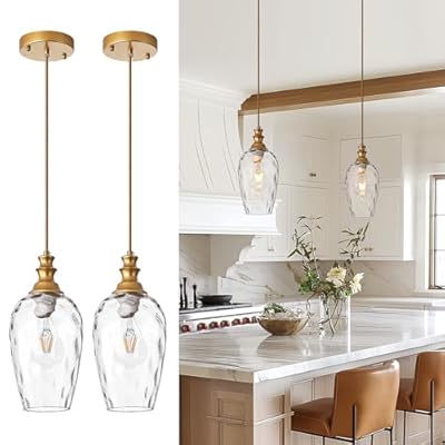 AIBISOD Pendant Lights Kitchen Island, Brushed Gold Modern Pendant Light Fixtures, Adjustable Cable Hanging Lighting with Hand-Blown Glass Shade & E26 Base for Bedroom, Hallway, Dining Room, 2 Pack