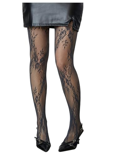 Image of RoseSeek Women's Floral Lace Fishnet Tights Kawaii Y2K See Through Stocking | Sheer Mesh, Lace Tights, Floral Lace Fishnet Tights, Thigh Highs, Leggings, Y2K Stockings