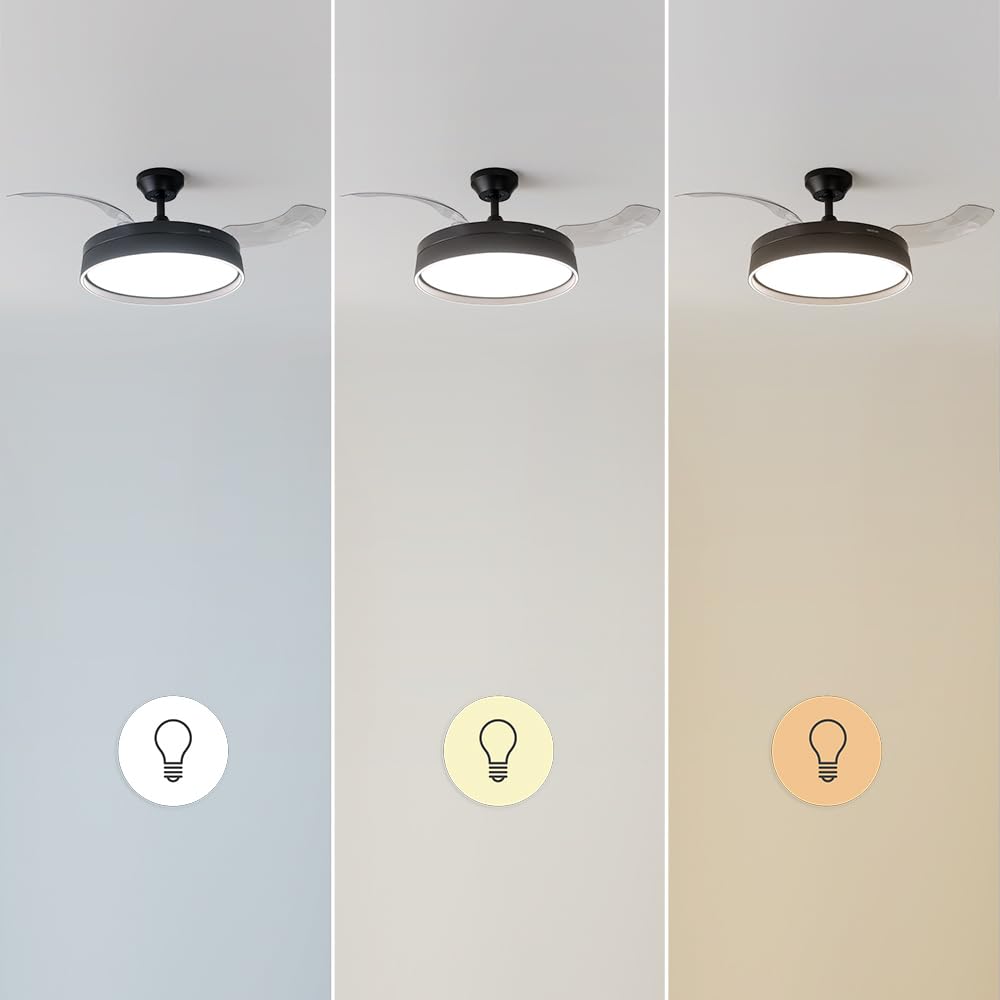 Cecotec Ventilatore da Soffitto con Luce e Pale Retrattilie EnergySilence Aero 4280 invisibile Black. 40 W, diametro 42" (106 cm), timer, 3 tonalità di luce, funzione estate-inverno, nero